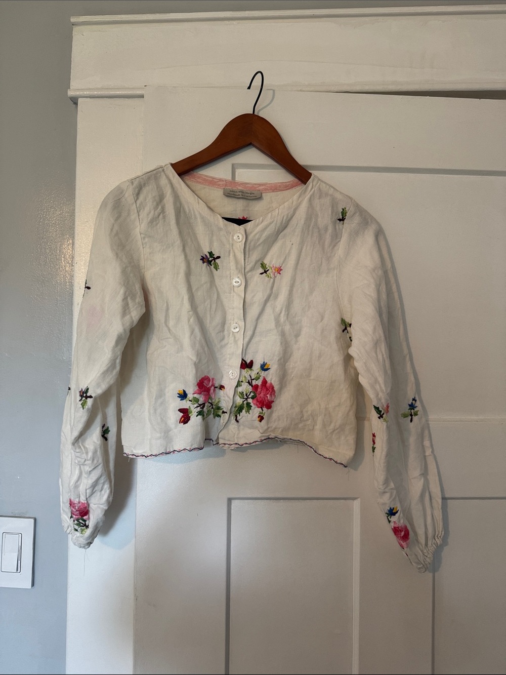 Embroidered White Linen Cropped Jacket
